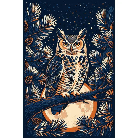 Watchful Great Horned Owl on Pine Branch