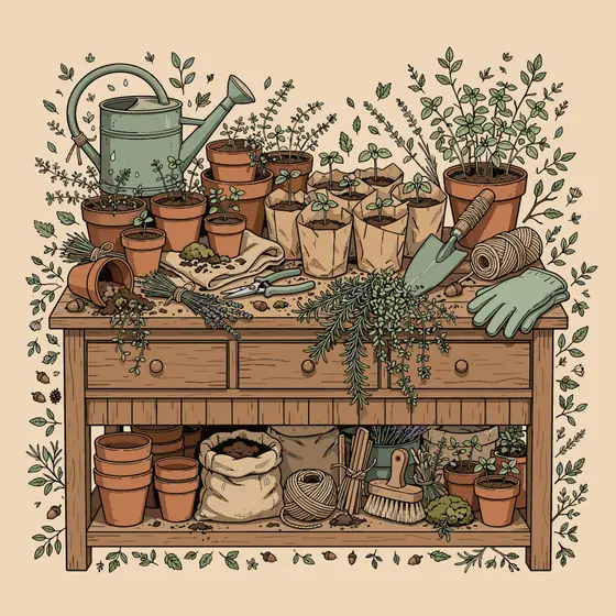 Cluttered Wooden Potting Bench with Pots
