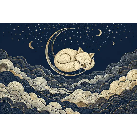 Sleeping Cream Fox on Crescent Moon
