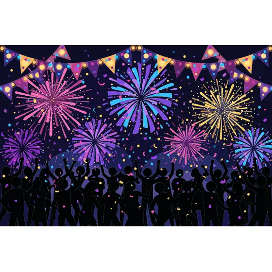 Festive Crowd Dancing Under Colorful Fireworks