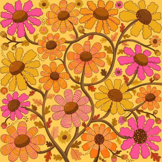 Dense Retro Daisy Field With Pink And Mustard