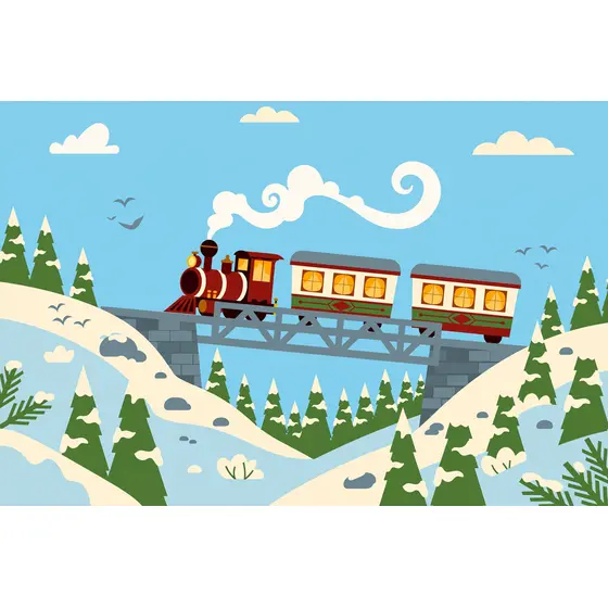 Red Steam Train Crossing Snowy Bridge