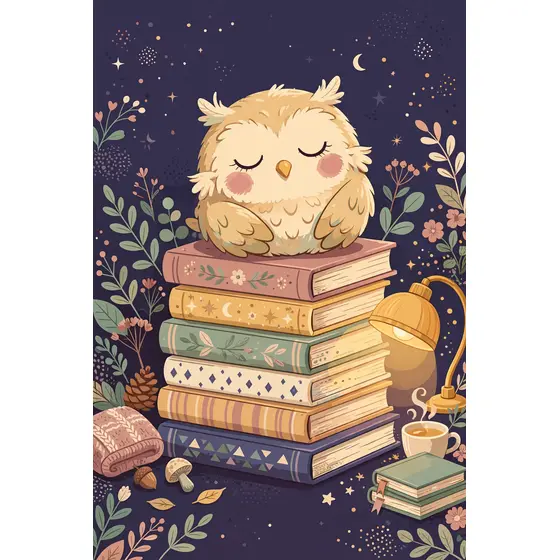 Sleepy Owl Dozing on Book Stack