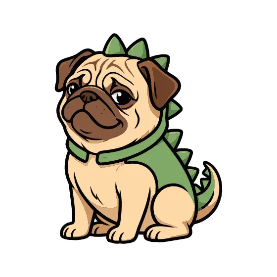 Sitting Pug in Green Dino Costume