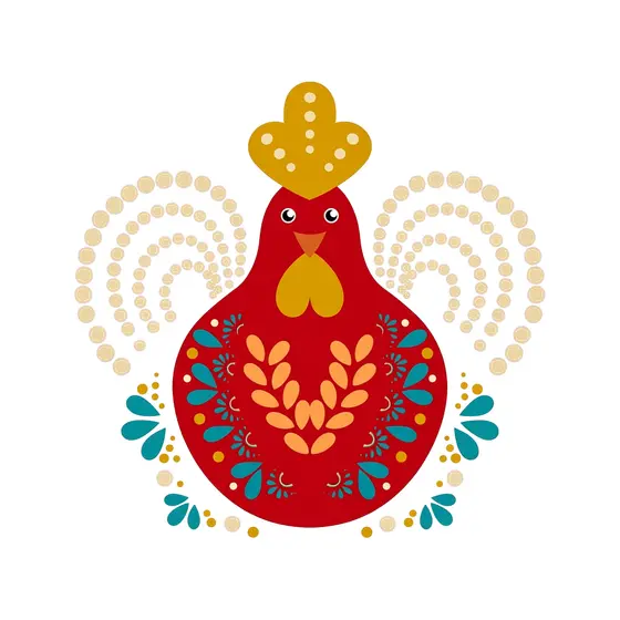 Red Folk Rooster With Cream Dot Tail