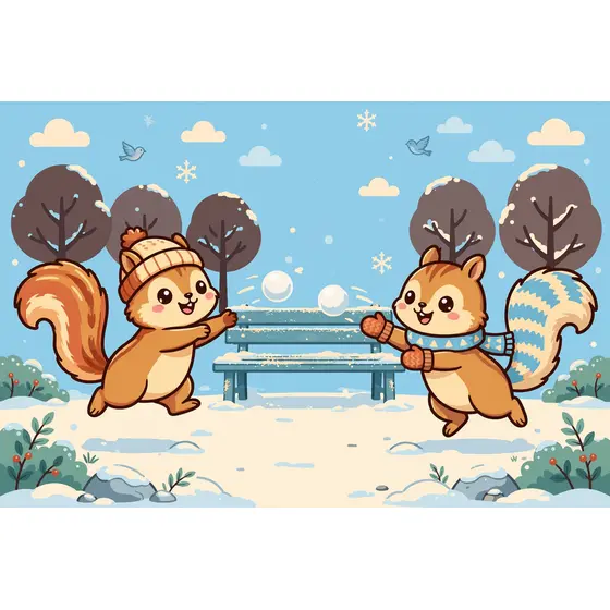 Two Kawaii Squirrels Snowball Fight
