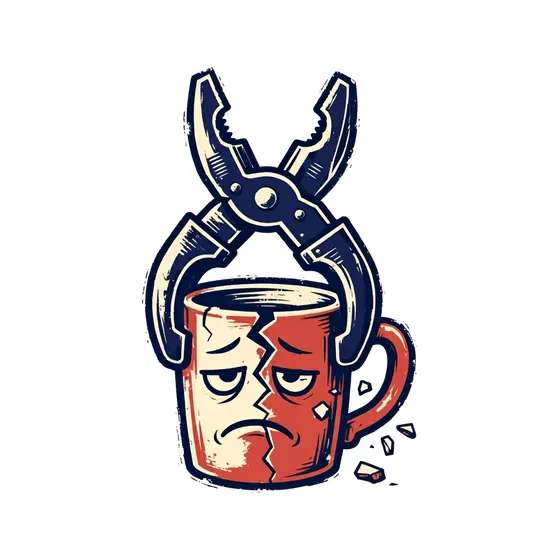 Pliers Gripping Cracked Red Mug