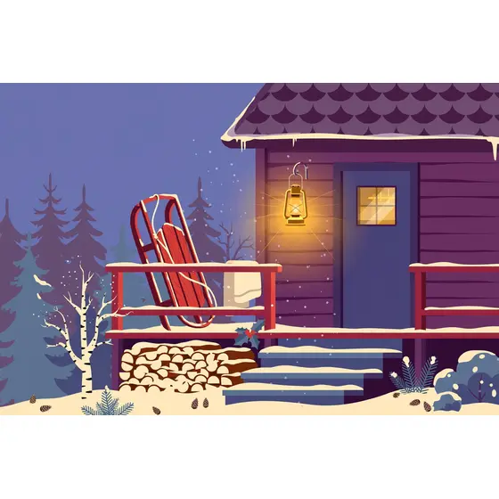 Cabin Porch at Dusk with Red Sled