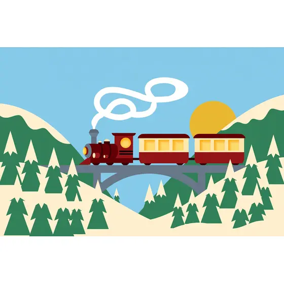 Red Steam Train Crossing Snowy Bridge