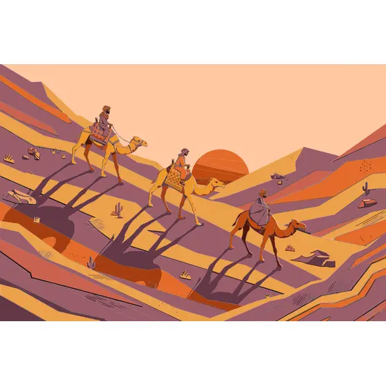 Three Camel Riders Crossing Desert Dunes