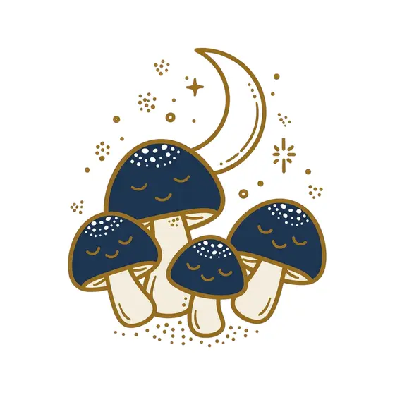 Four Mushrooms Clustered With Moon
