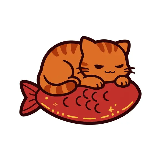 Sleepy Orange Cat On Red Fish Cushion