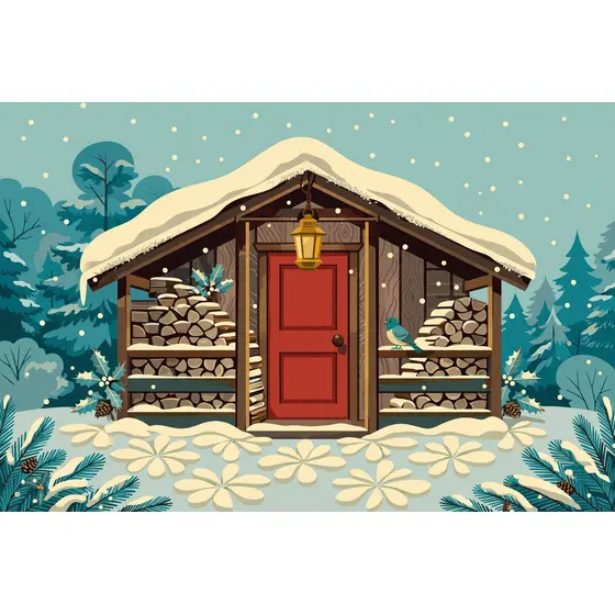 Snowy Cabin Porch With Red Door