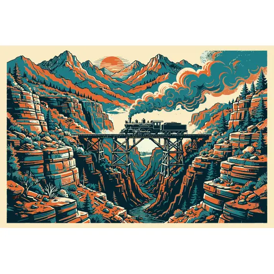 Steam Locomotive Crossing Canyon Trestle