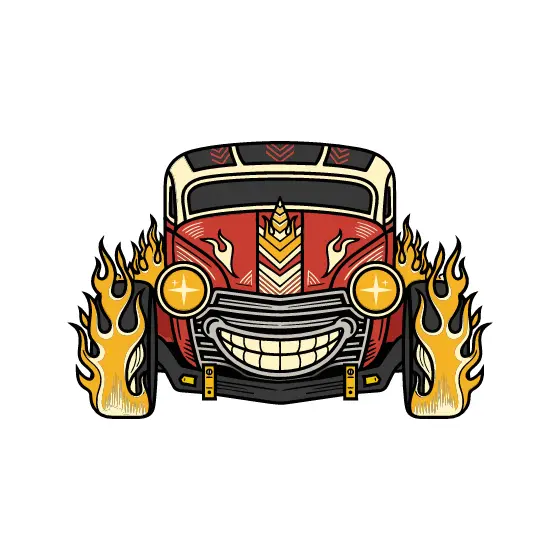 Smiling Hot Rod With Flame Wheels