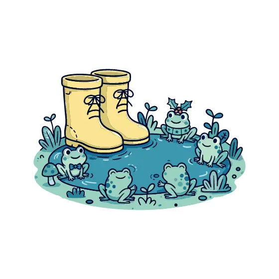 Rain Boots And Frogs With Holly Accents