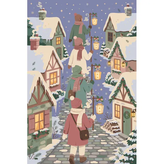 Four Carolers With Lanterns on Cobbled Lane