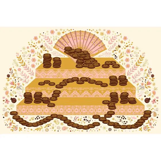 Stepped Gold Tiers With Chocolate Coin Stacks