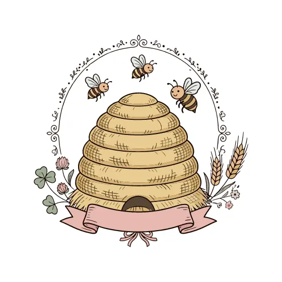 Straw Beehive With Three Bees