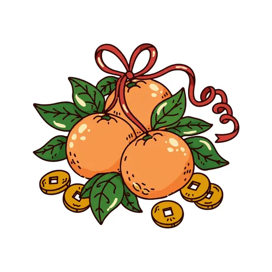 Mandarin Oranges With Red Ribbon and Gold Coins