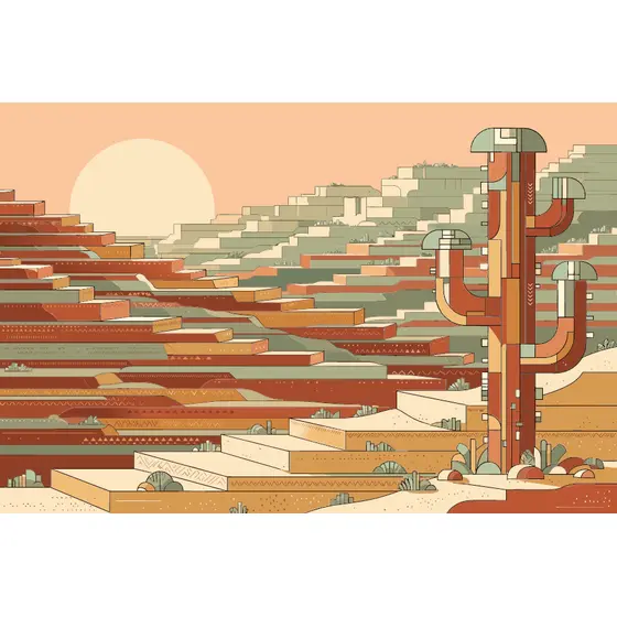 Stepped Desert Dunes With Geometric Cactus