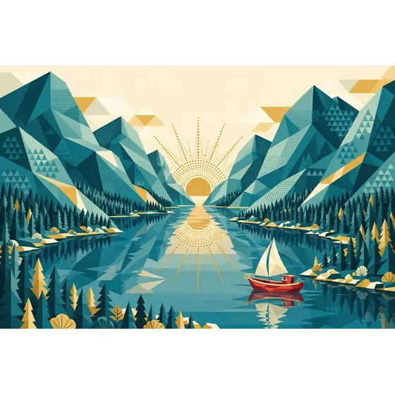 Geometric Fjord With Red Sailboat