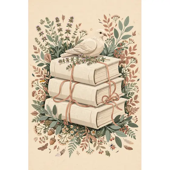 Stacked Cream Books With Dove and Thyme