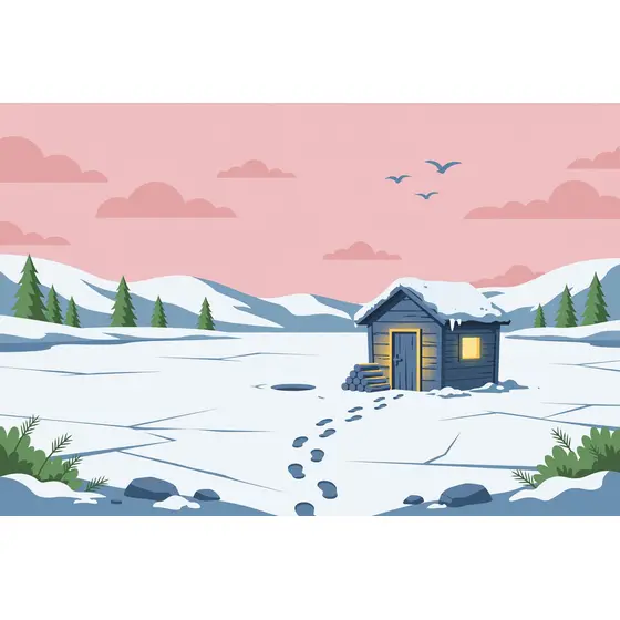 Ice Fishing Hut on Frozen Lake