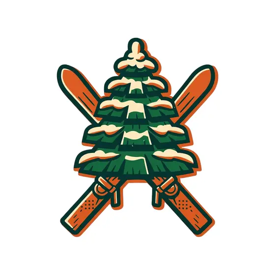 Crossed Skis Behind Blocky Green Pine