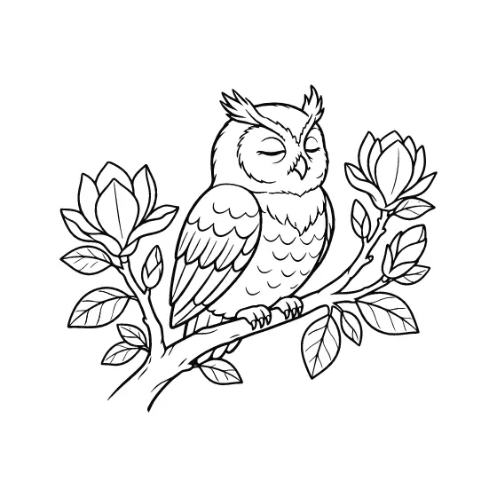 Sleepy Owl with Closed Eyes on Magnolia