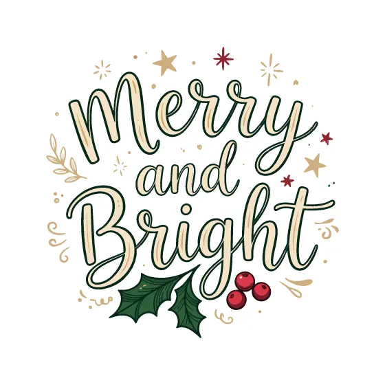 Cream Merry and Bright Script With Holly