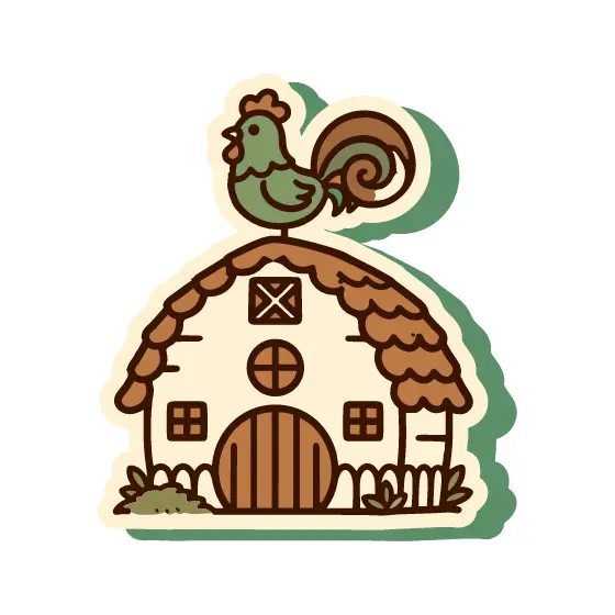 Thatched Barn With Fence and Rooster