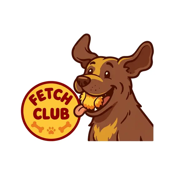 Happy Dog Beside Yellow Fetch Badge