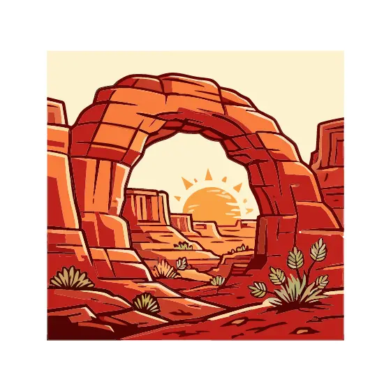 Desert Arch With Sun And Shrubs