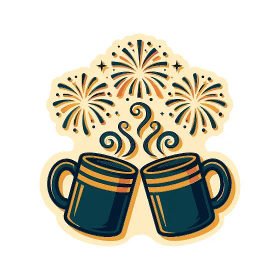 Clinking Mugs with Three Fireworks
