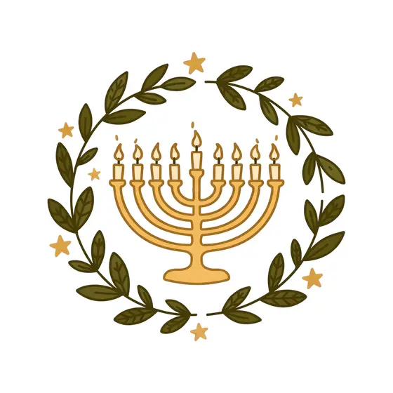 Golden Menorah Within Olive Wreath