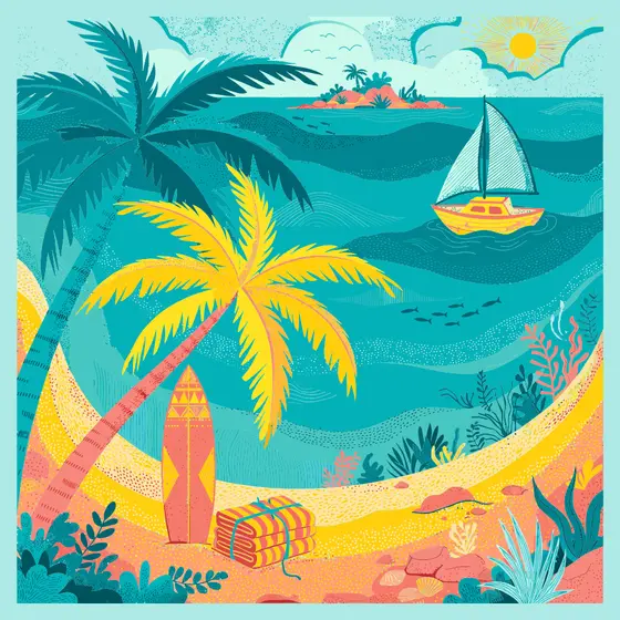 Tropical Beach Scene With Surfboard and Sailboat