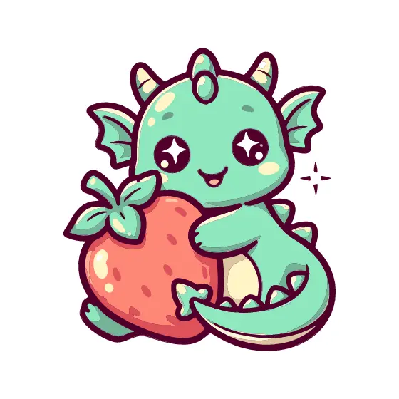Kawaii Baby Dragon Hugging Strawberry