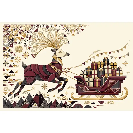 Art Deco Reindeer Pulling Gift Sleigh
