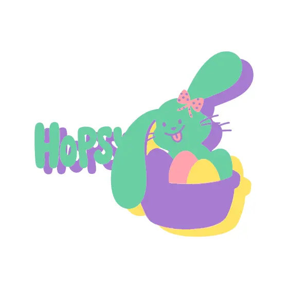 Mint Bunny in Basket With Purple Hopsy Text