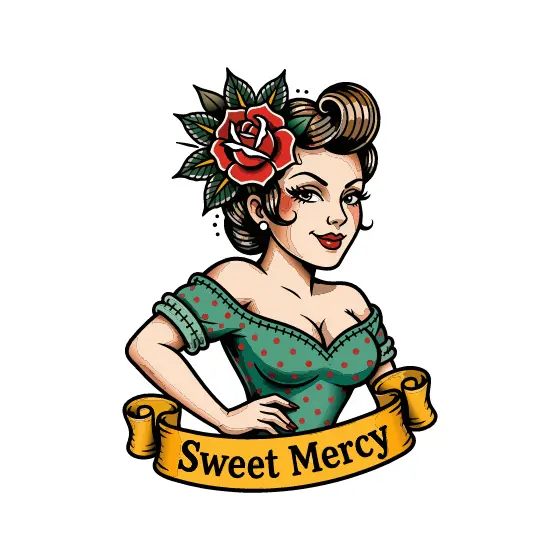 Pin-Up Woman With Rose And Sweet Mercy Banner