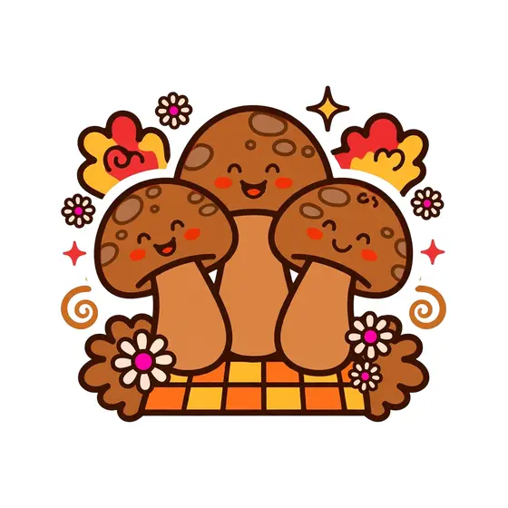 Three Smiling Brown Mushrooms on Checkerboard