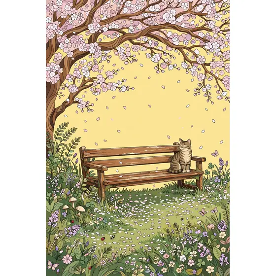 Cherry Blossom Bench With Tabby Cat