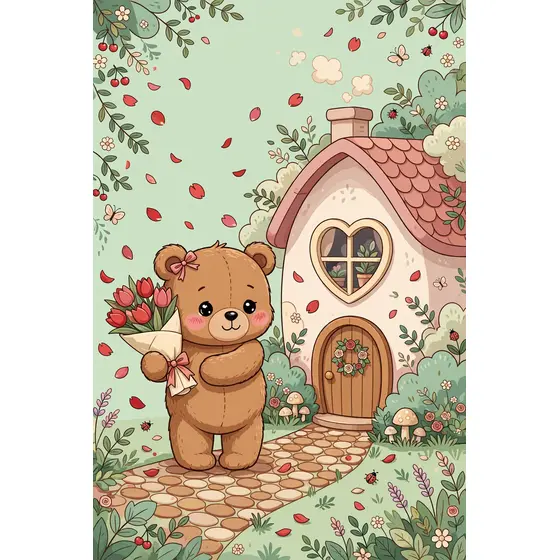 Shy Teddy Bear With Tulip Bouquet
