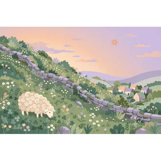 Cream Sheep Grazing on Evening Hillside