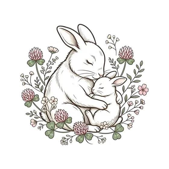 Mother Rabbit Hugging Baby in Clover