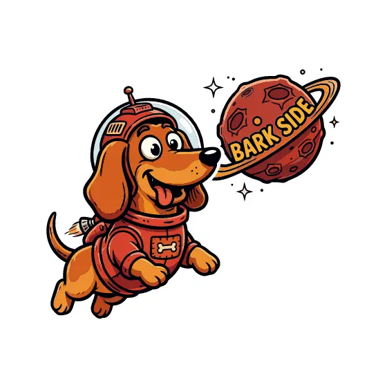 Dachshund Astronaut Flying Beside Bark Side Planet