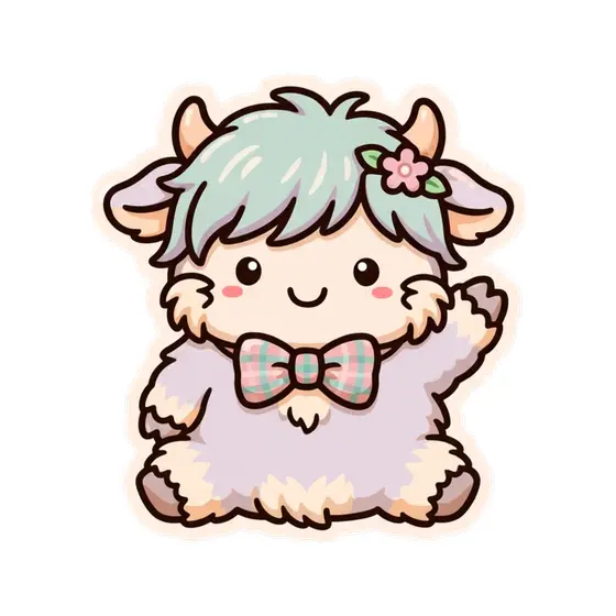 Waving Highland Cow With Mint Hair and Flower