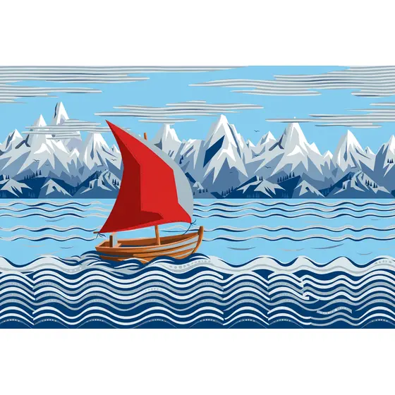 Red Sailboat on Snowy Lake