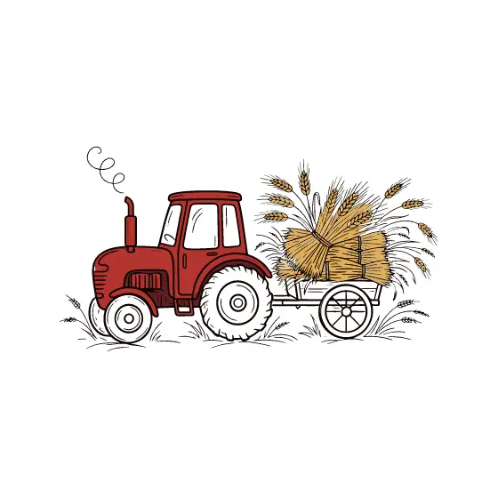 Red Tractor With Hay Wagon